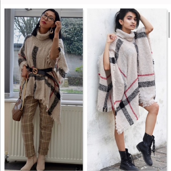Plaid Beige Turtleneck Poncho - Picture 2 of 5